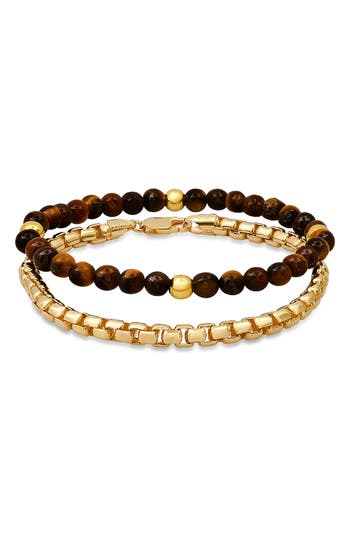 Hmy Jewelry Set Of 2 Box Chain & Tiger's Eye Beaded Bracelets In Gold/brown/black