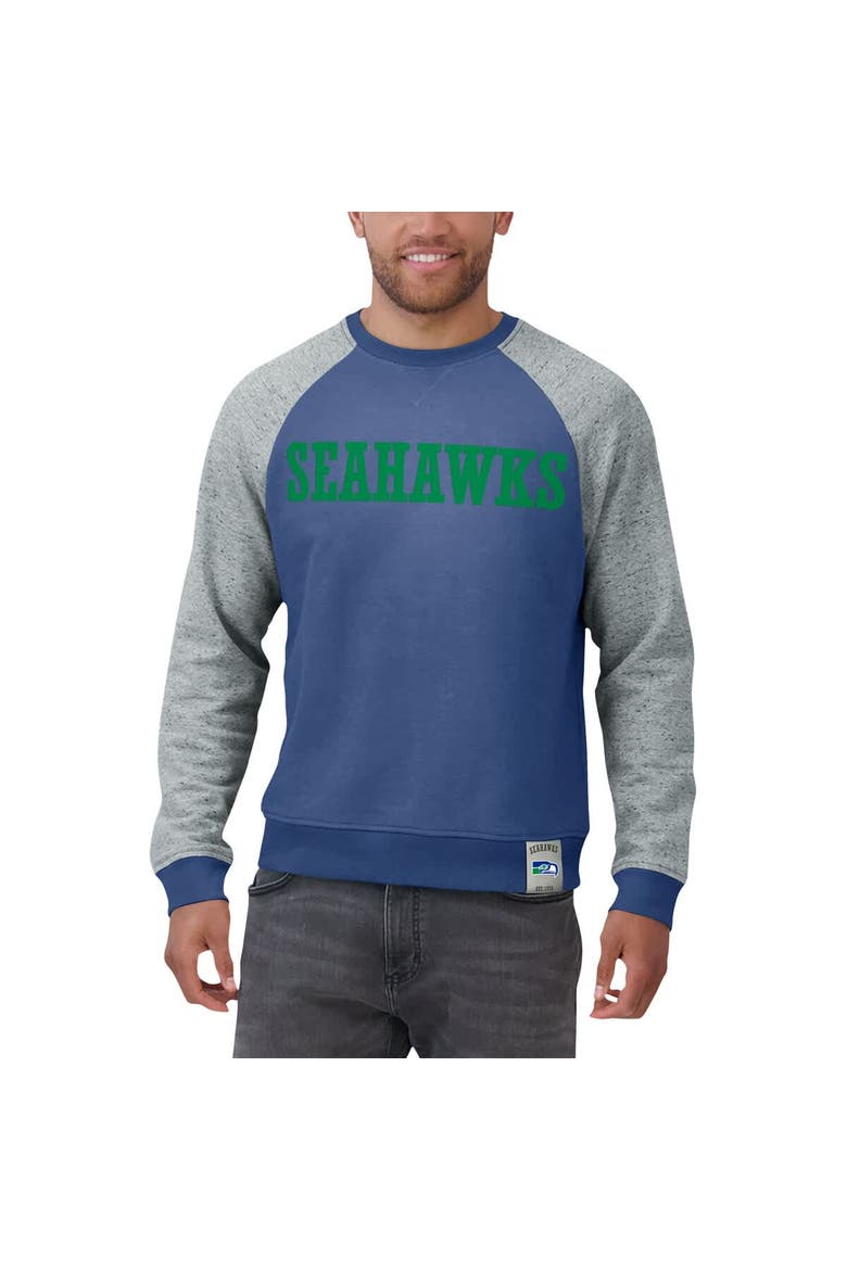 Men's Darius Rucker Collection by Fanatics Royal/Heather Gray Seattle Seahawks Throwback Color Block Raglan Pullover Sweatshirt, Alternate, color, Royal