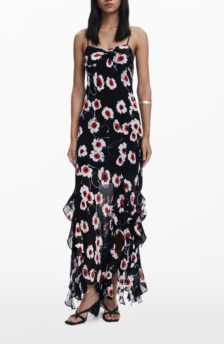 Desigual Ruffle Print Sleeveless Maxi Dress, Main, color, Black