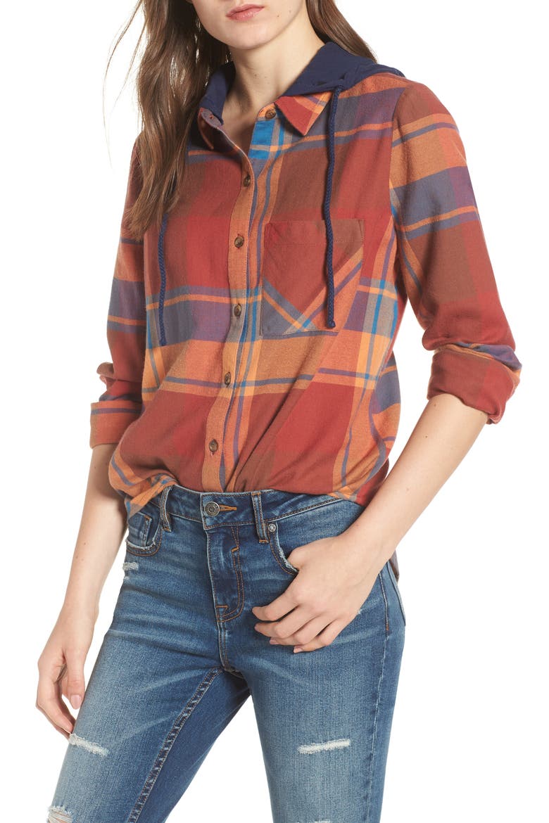 Hooded Plaid Shirt, Main, color, BLUE STAR ROSELYN PLAID
