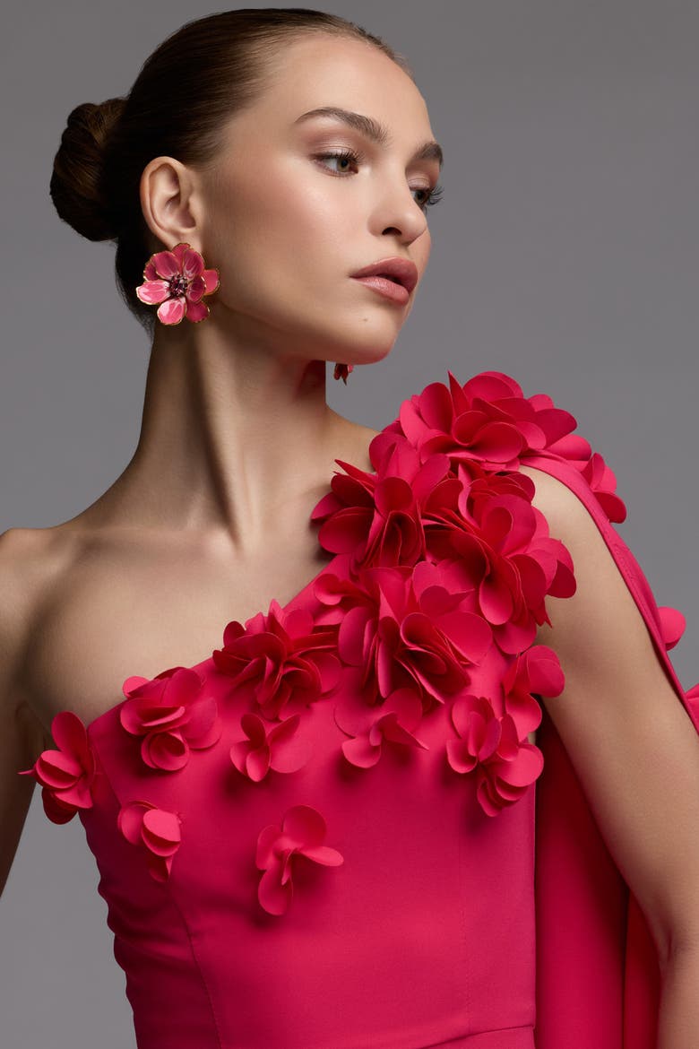 Crepe One Shoulder Column Gown With Flowers, Alternate, color, Hot Pink