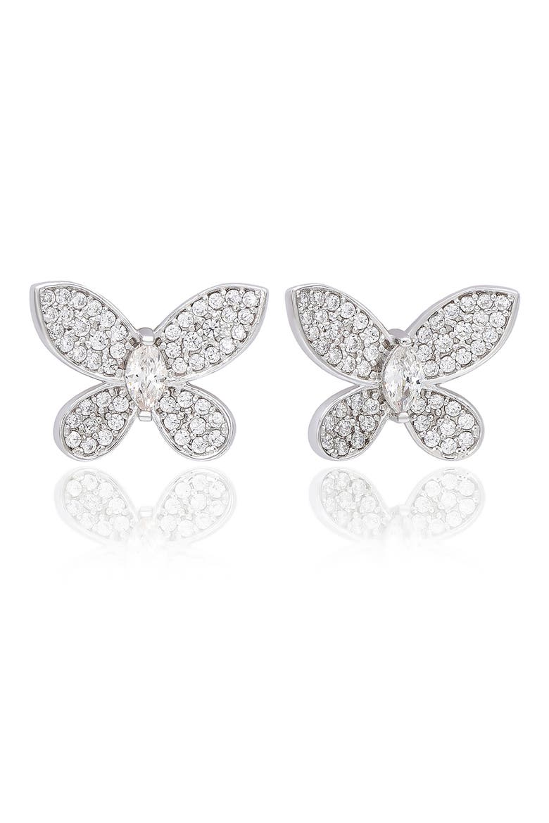Cubic Zirconia Butterfly Stud Earrings, Main, color, WHITE/ SILVER