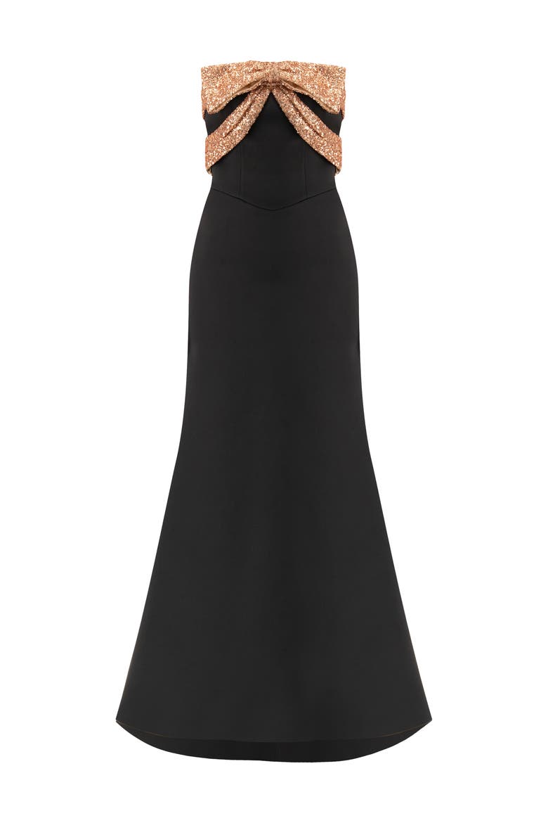 Long Strapless Dress with Sequin Bow, Alternate, color, Black
