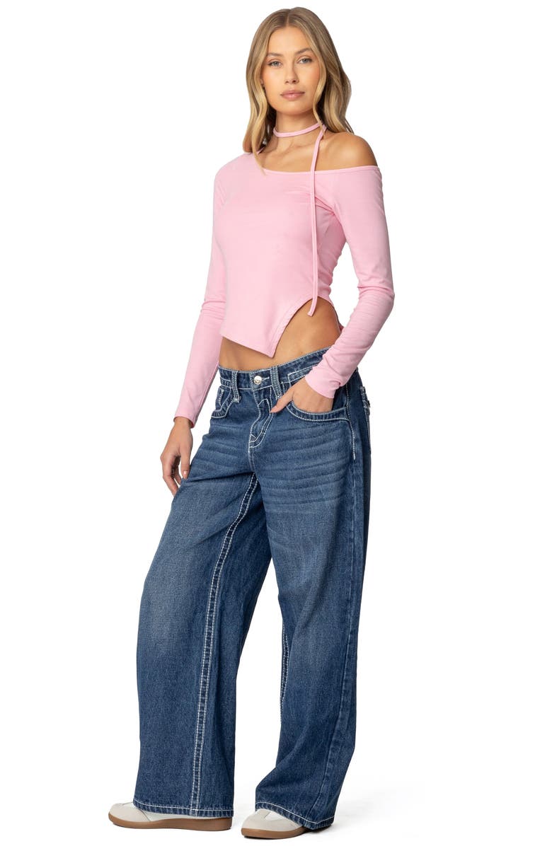 EDIKTED Long Sleeve Asymmetric Crop Top & Choker, Alternate, color, Light-Pink