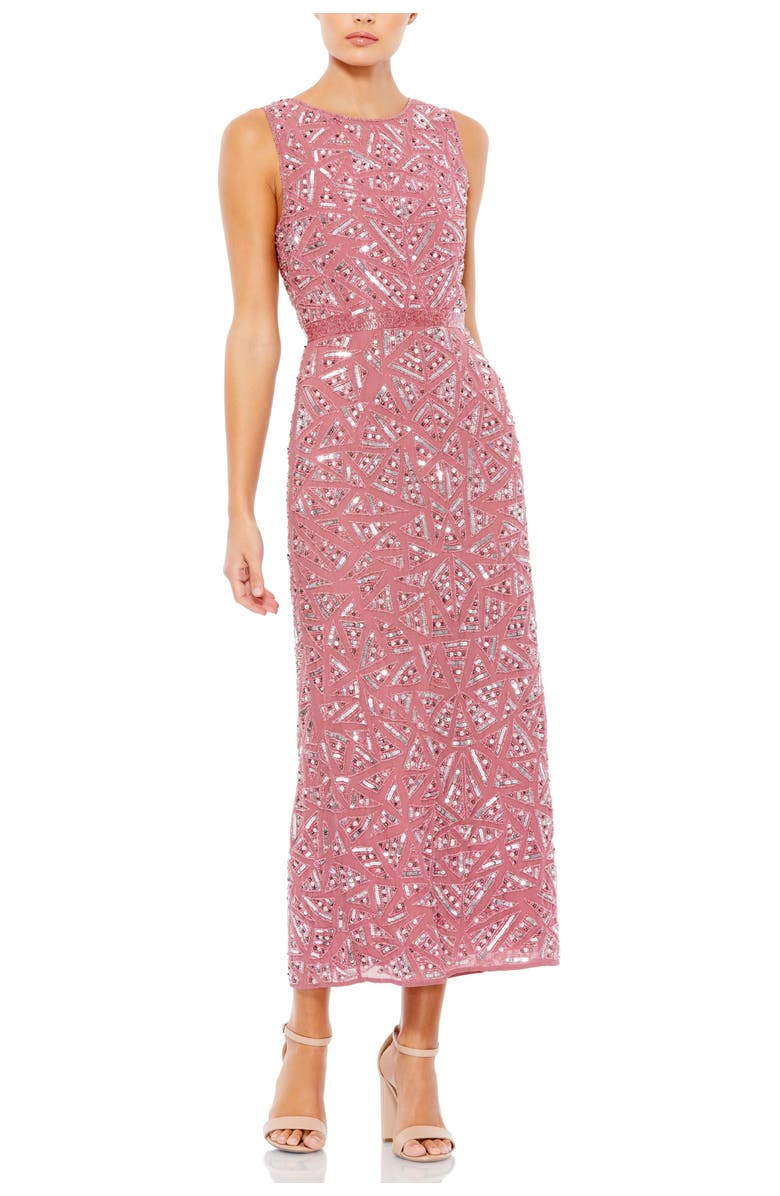 Mac Duggal Chic Geometric High Neck Sequin Midi Dress, Main, color, Rosewood