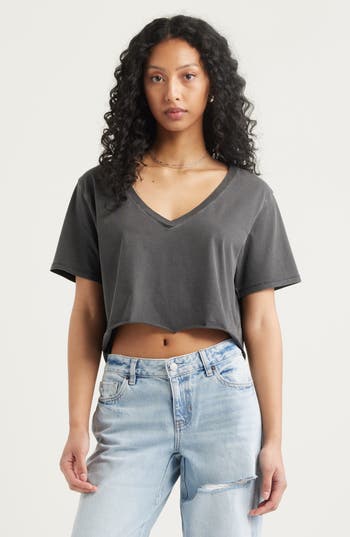 Bp. Washed V-neck Crop T-shirt In Gray