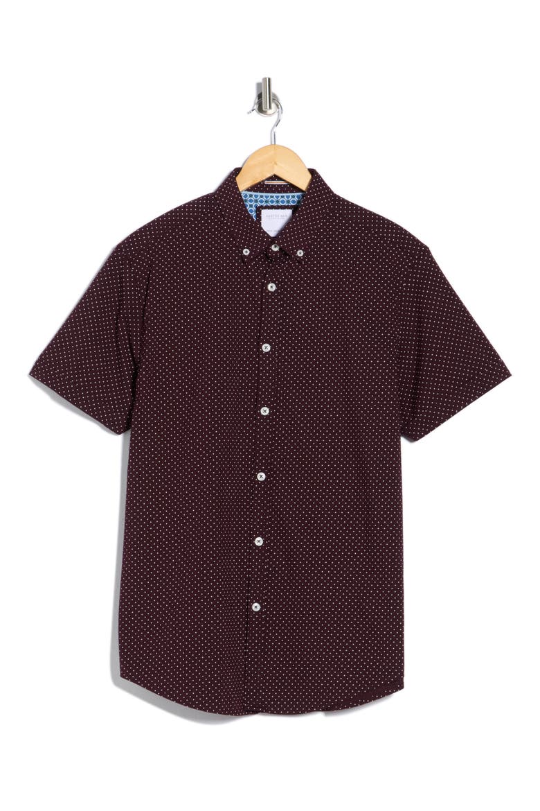 Dot Print Short Sleeve Button-Down Shirt, Alternate, color, BURGUNDY WITH WHITE DOTS