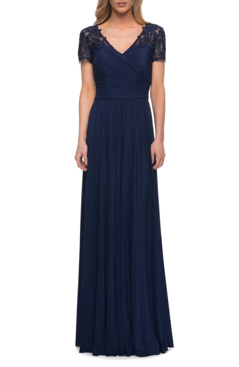 Jersey Long Evening Dress with Short Lace Sleeves