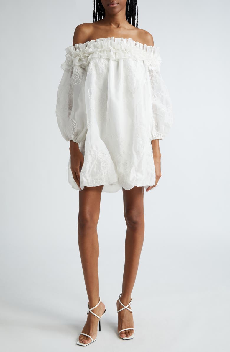 Cinq à Sept Nava Floral Embroidery Off the Shoulder Minidress, Main, color, Ivory