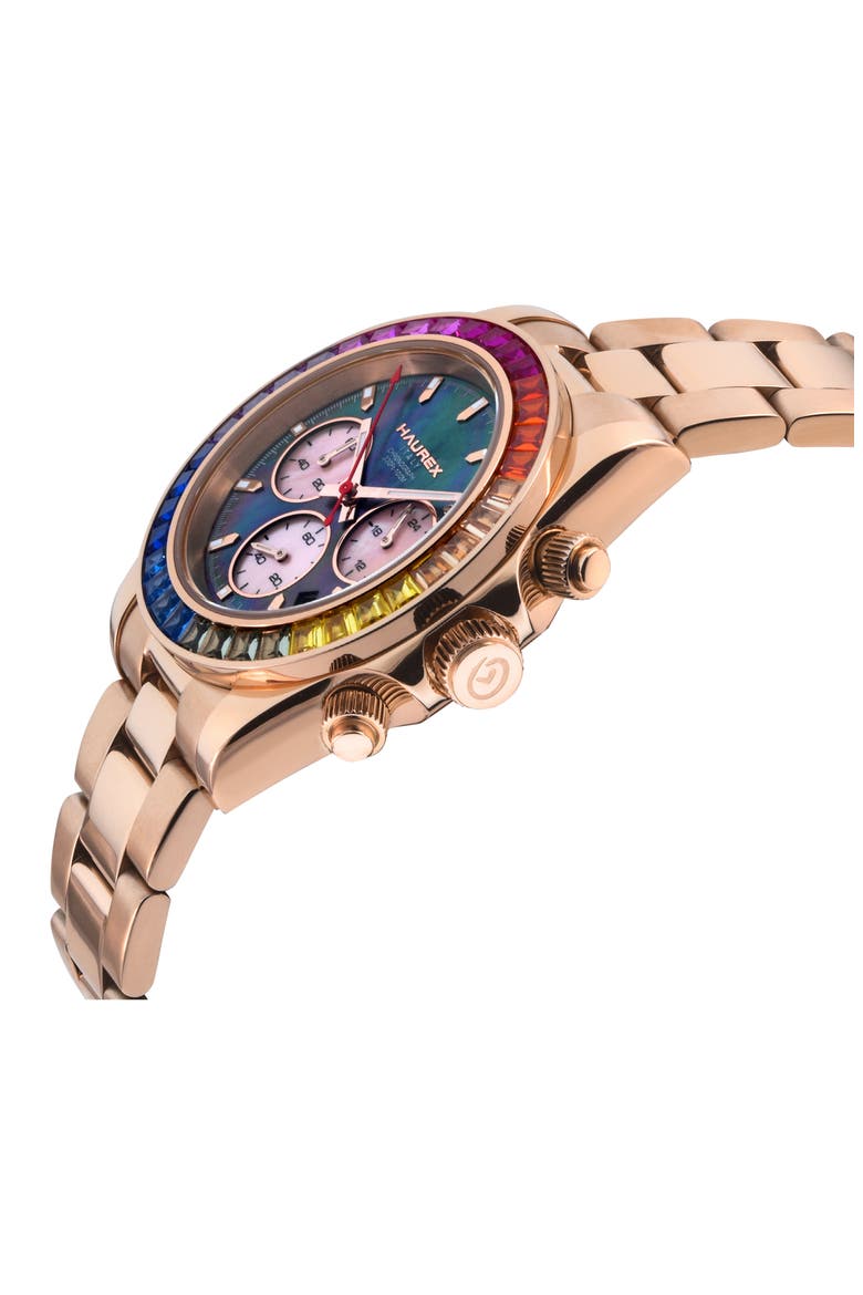 Arcobeleno Rainbow Bezel Chronograph Bracelet Watch, 39.5mm, Main, color, ROSE GOLD