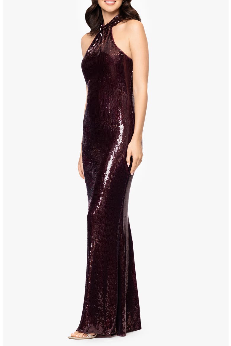 Sequin High Neck Sheath Gown, Alternate, color, BURGUNDY