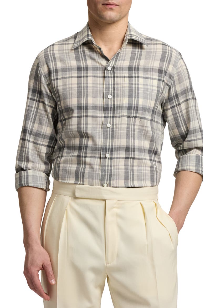 Plaid Button-Up Shirt, Main, color, CREAM MELANGE GREY