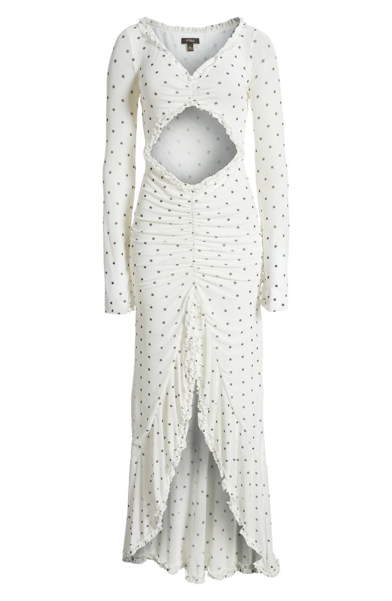 AFRM Cat Ruched Semisheer Long Sleeve Cutout High-Low Hem Maxi Dress, Alternate, color, Blanc Micro Dot