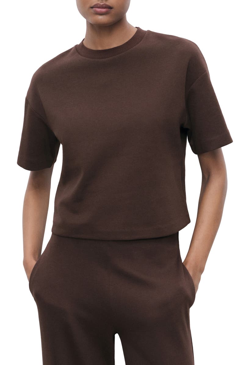MANGO Boxy Cotton Blend T-Shirt, Main, color, Brown