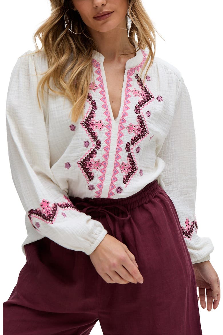 Dina V-Neck Embroidered Blouse, Alternate, color, White