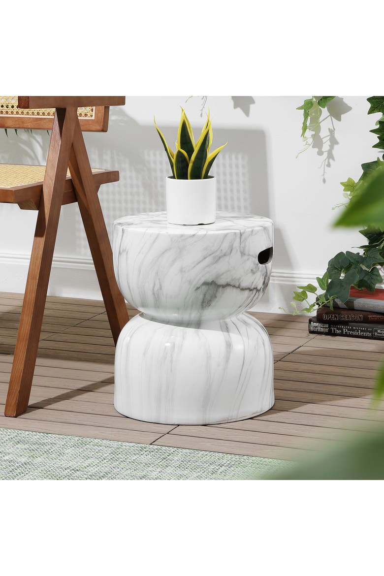 Zakhai Modern Faux Marble Ceramic Indoor/Outdoor Garden Stool, Hourglass Patio Accent Side Table with Built-in Handles, Alternate, color, White/Gray