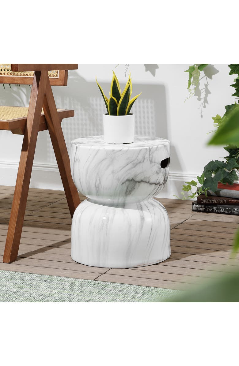 JONATHAN Y Zakhai 14.75" Contemporary Modern Marble Glaze Drum Indoor/Outdoor Garden Stool, Alternate, color, White/Gray