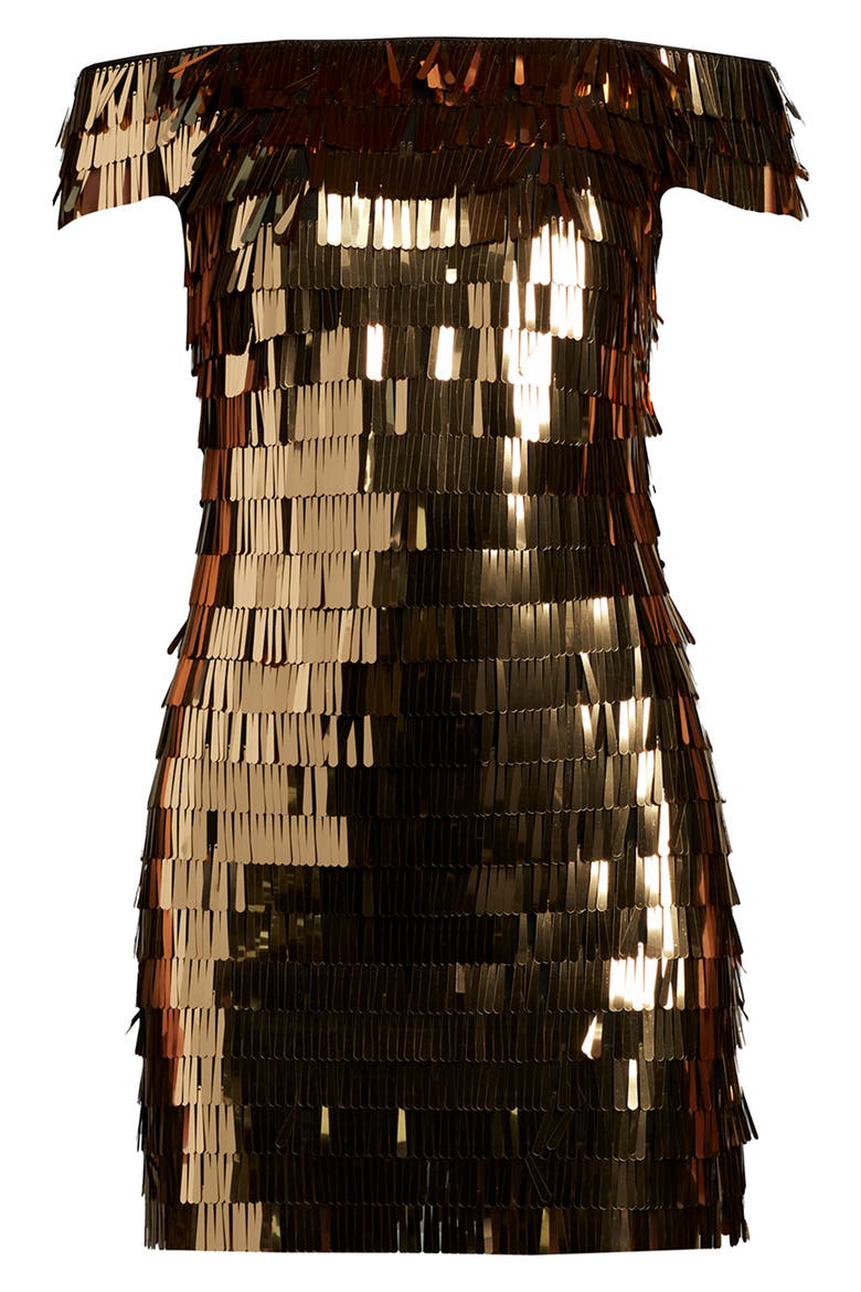 Sequin Fringe Off the Shoulder Dress, Alternate, color, GOLDEN