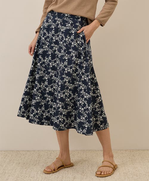 Pact Organic Cotton Fit & Flare Midi Skirt In Bouquet Blooms Midnight Blue
