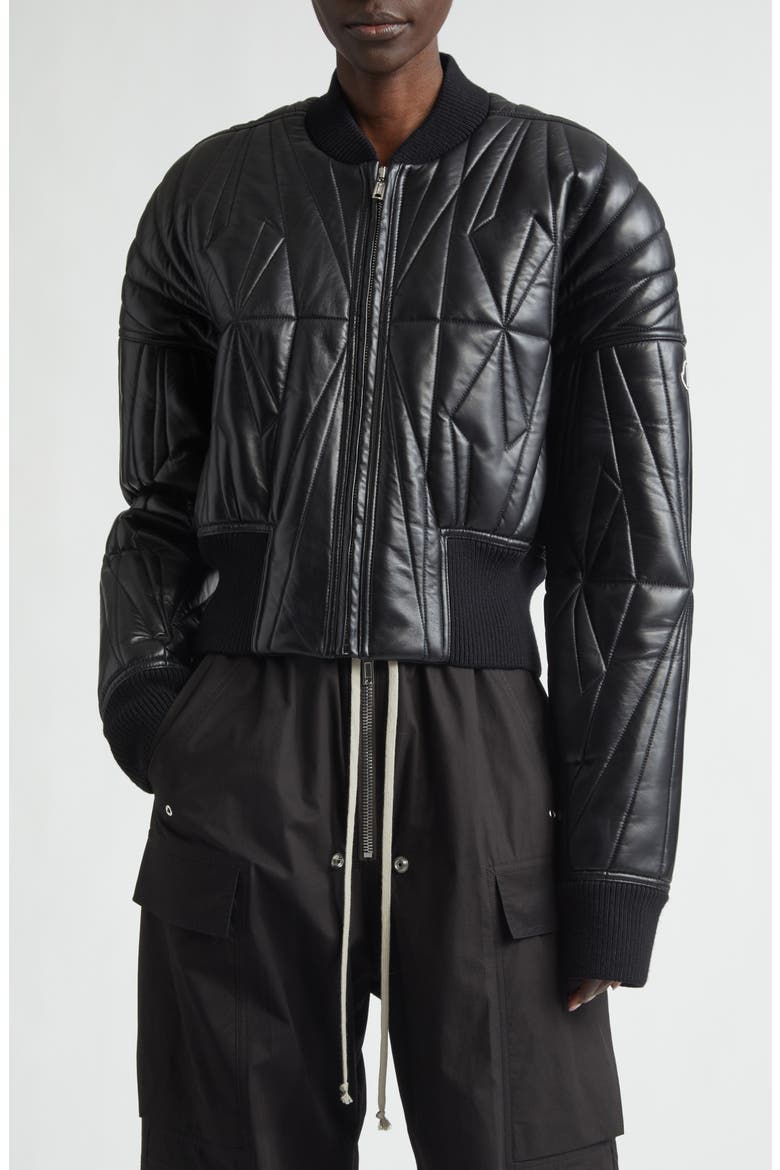 x Rick Owens Geocamo Leather Bomber Jacket, Main, color, BLACK