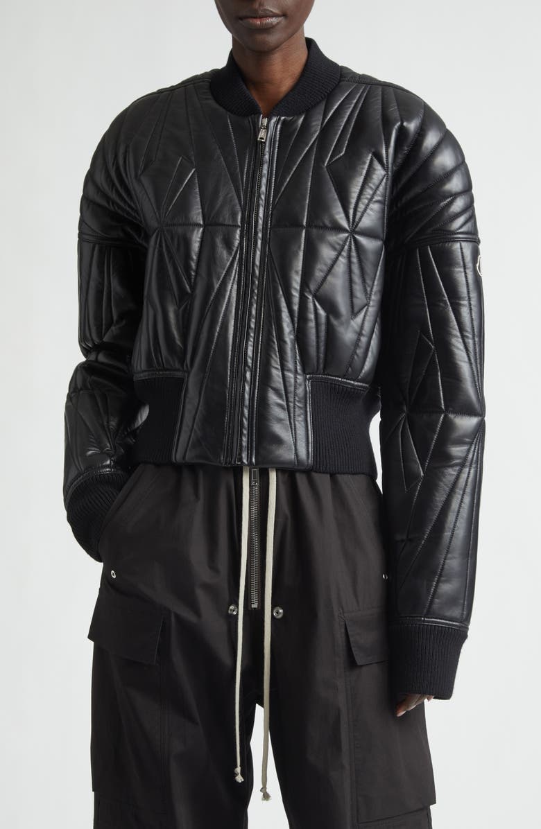 Moncler x Rick Owens Geocamo Leather Bomber Jacket, Main, color, Black