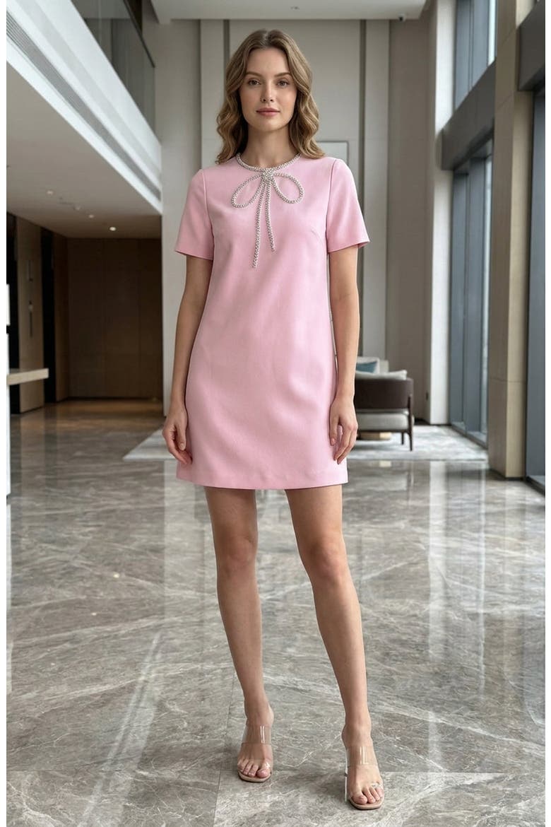 Rhinestone Bow Detail Short Sleeve Mini Dress, Alternate, color, Pink