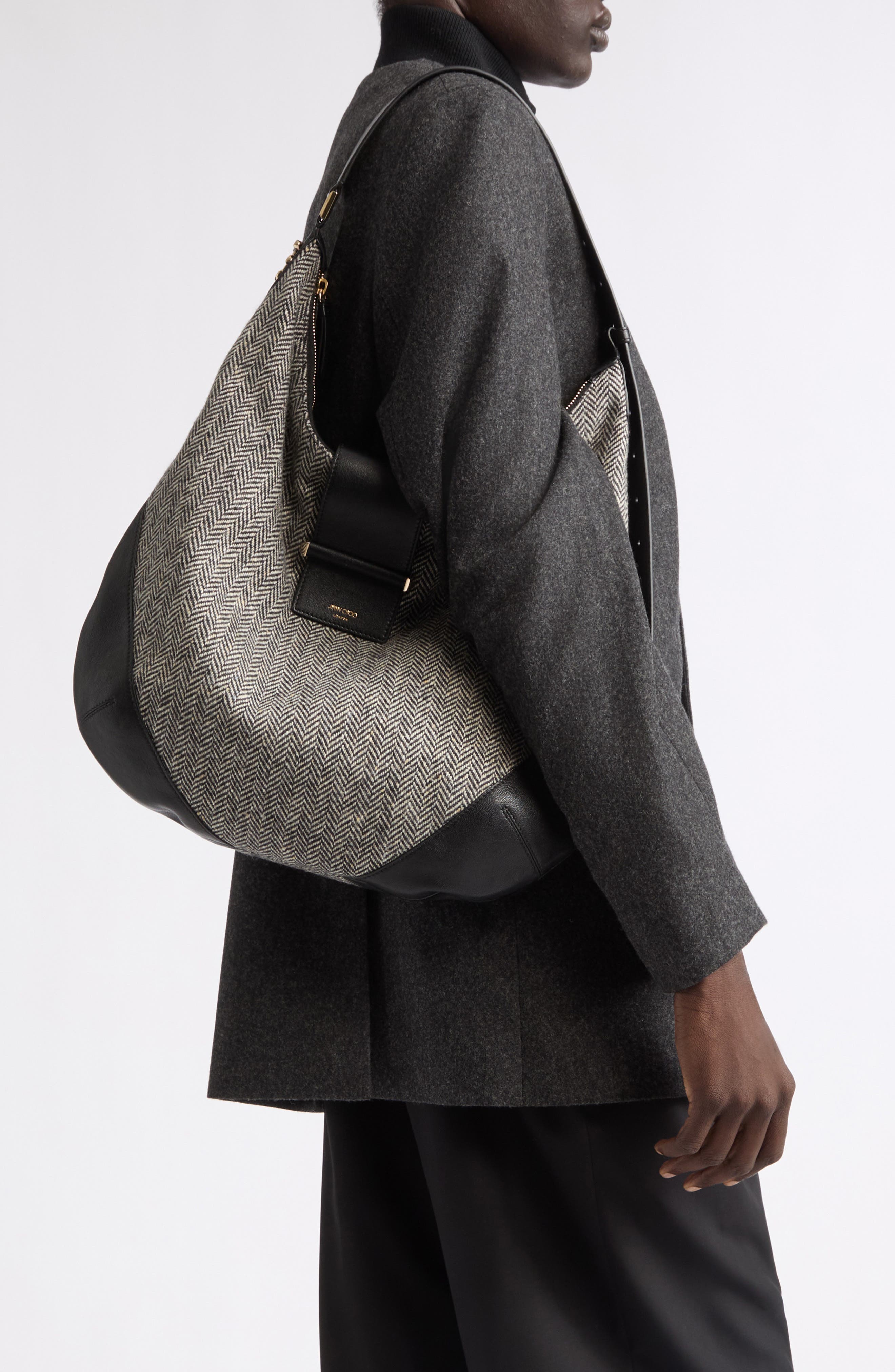 Bar Herringbone Hobo, Alternate, color, BLACK/ BAMBOO MIX/ SHINY GOLD
