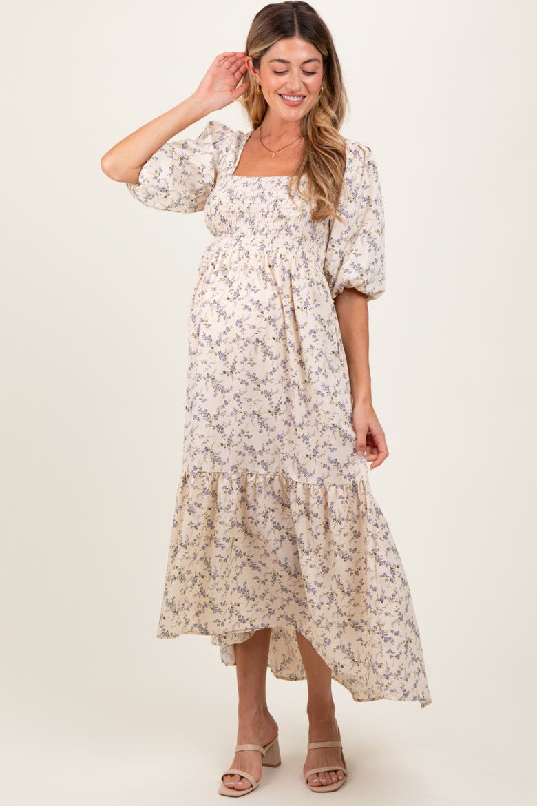 Floral Smocked Hi-Low Puff Sleeve Maxi Dress, Alternate, color, Ivory