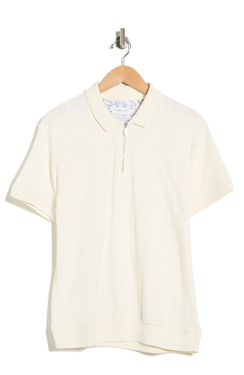 DENIM AND FLOWER Textured Geometric Stripe Quarter Zip Polo, Main, color, Off White