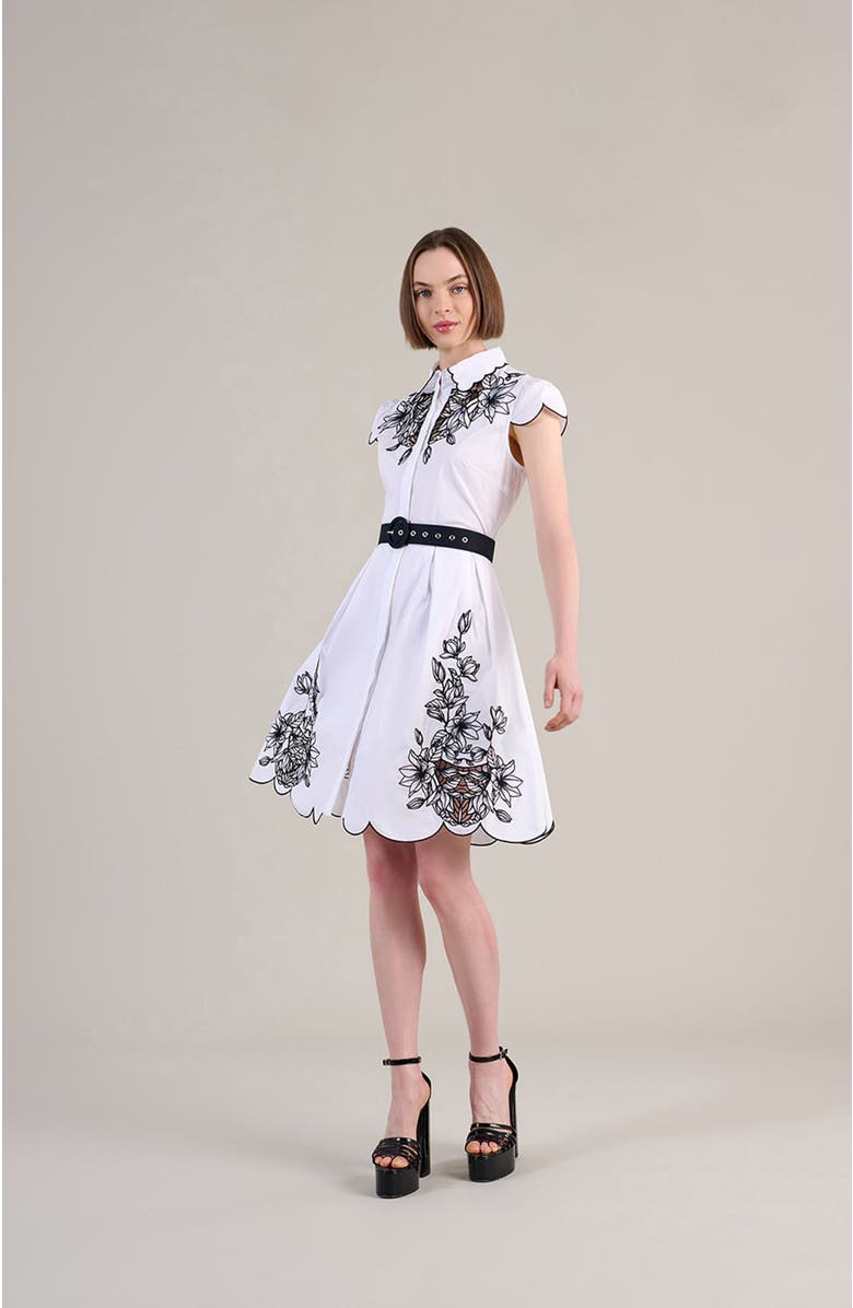 Anne Fontaine Women's Dress  Adelina White Poplin Shirt Dress With Black Embroidery Detailing, Scalloped Hem, Pockets & Removable Belt, Alternate, color, Black/White