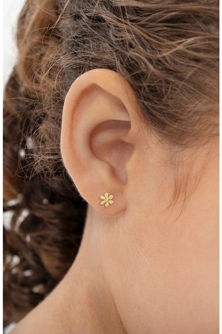 14k Tiny Cubic Zirconia Flower Earrings, Alternate, color, Gold