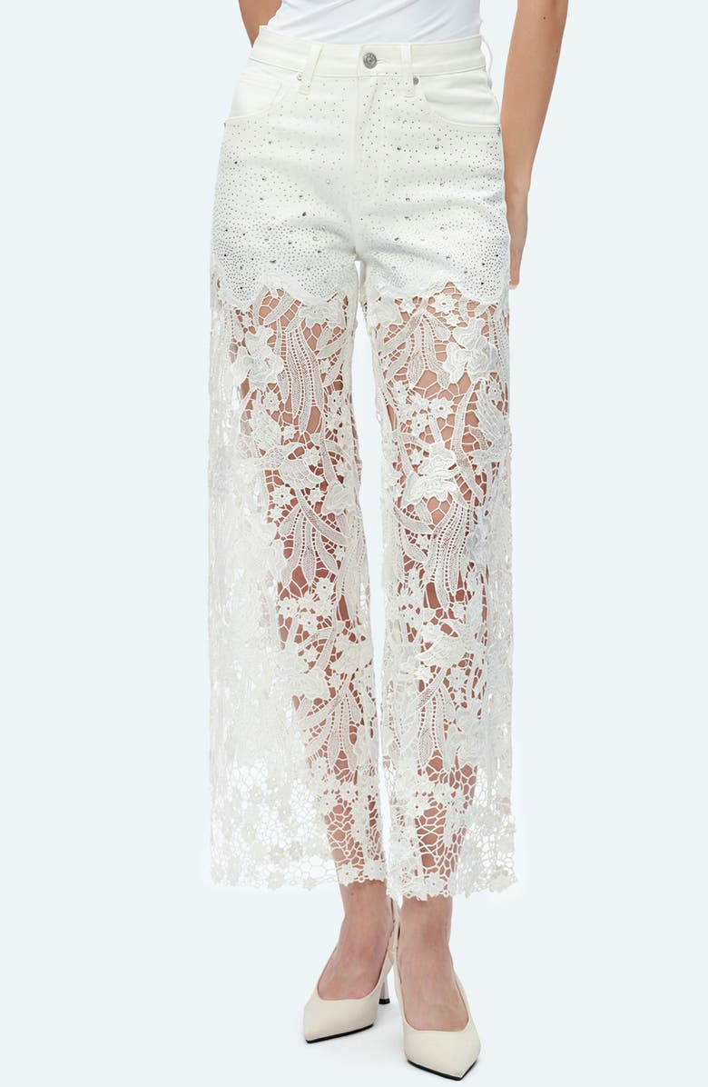 Bayeas High Waist Crystal Embellished Lace Wide Leg Jeans, Main, color, White