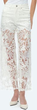 Bayeas High Waist Crystal Embellished Lace Wide Leg Jeans