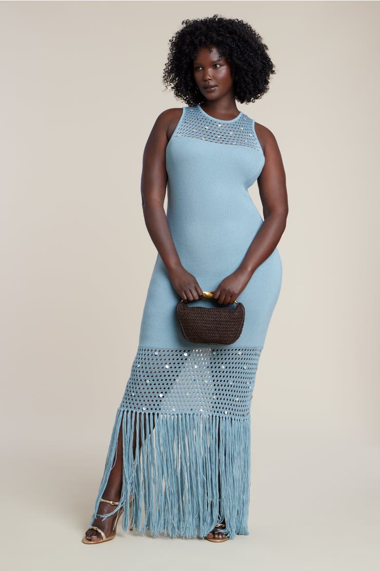 Shell Embellished Sweater Maxi Dress, Alternate, color, GRAY MIST