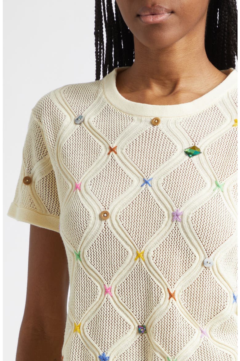 Cotton Short Sleeve Lattice Stitch Sweater, Alternate, color, IVORY