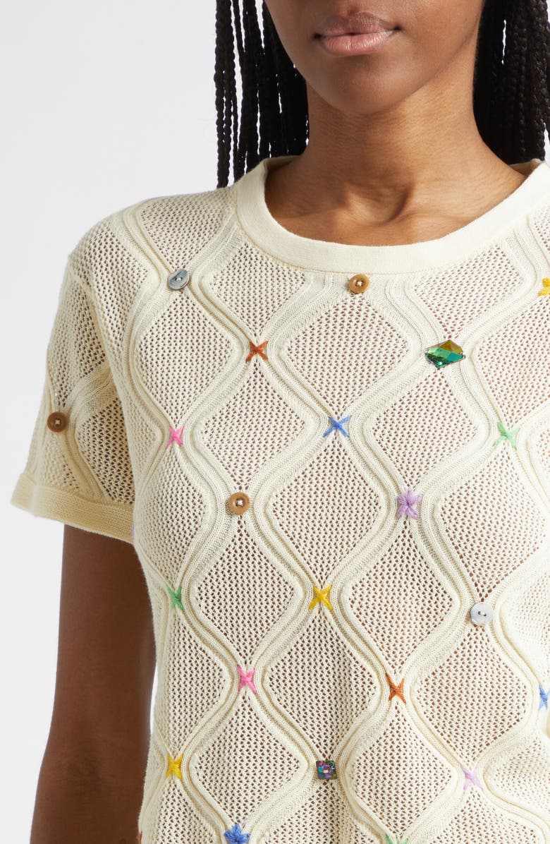 YanYan Cotton Short Sleeve Lattice Stitch Sweater, Alternate, color, Ivory