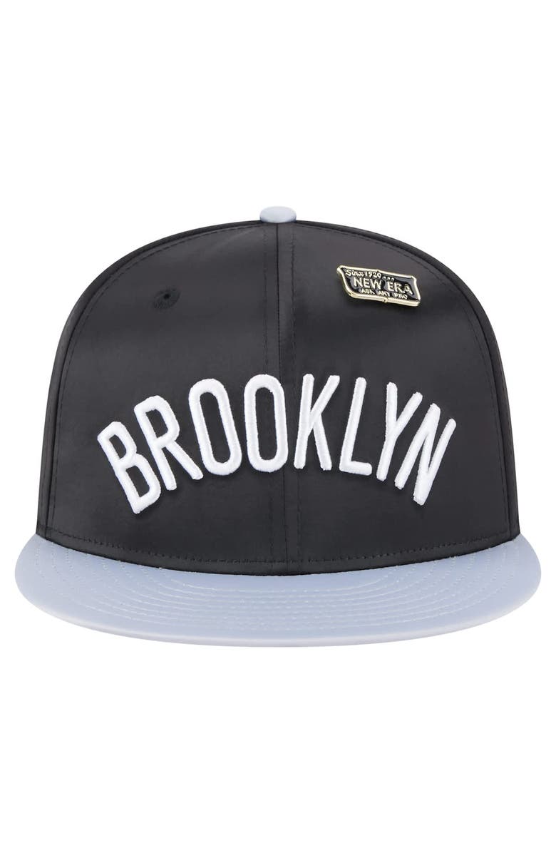 New Era Men's New Era Black/Gray Brooklyn Nets Throwback Satin Vintage Pin Two-Tone 59FIFTY Fitted Hat, Alternate, color, Black