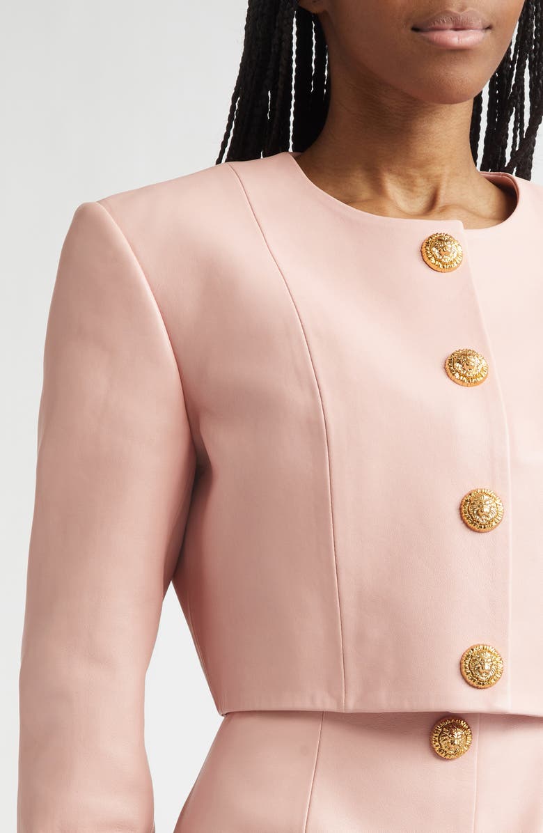 Balmain Crop Lambskin Jacket, Alternate, color, 4Hr Powder Pink
