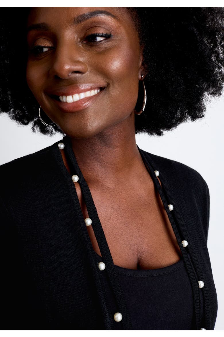 Pearl Trim Carefree Cashmere Cardigan, Alternate, color, BLACK