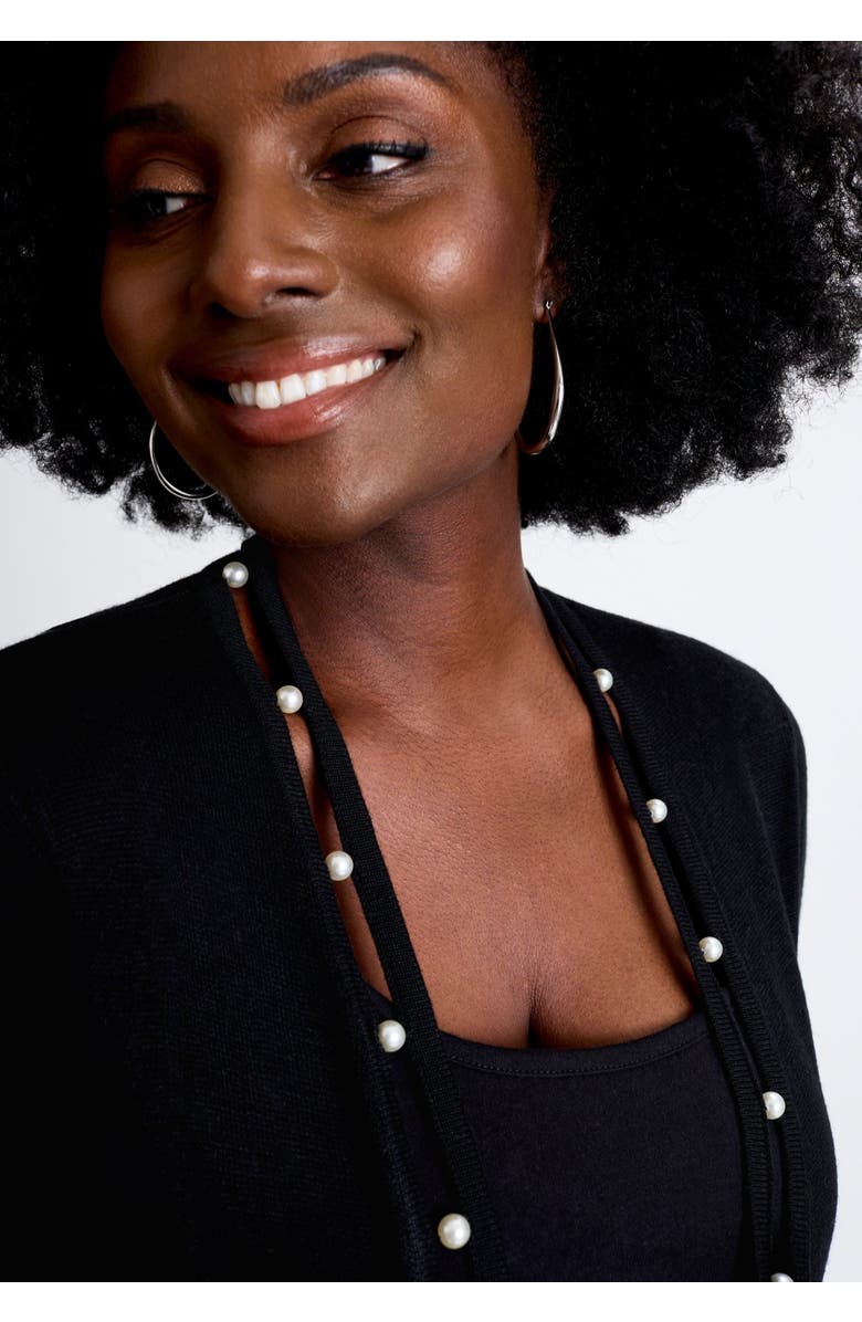 Jessica London Pearl Trim Carefree Cashmere Cardigan, Alternate, color, Black