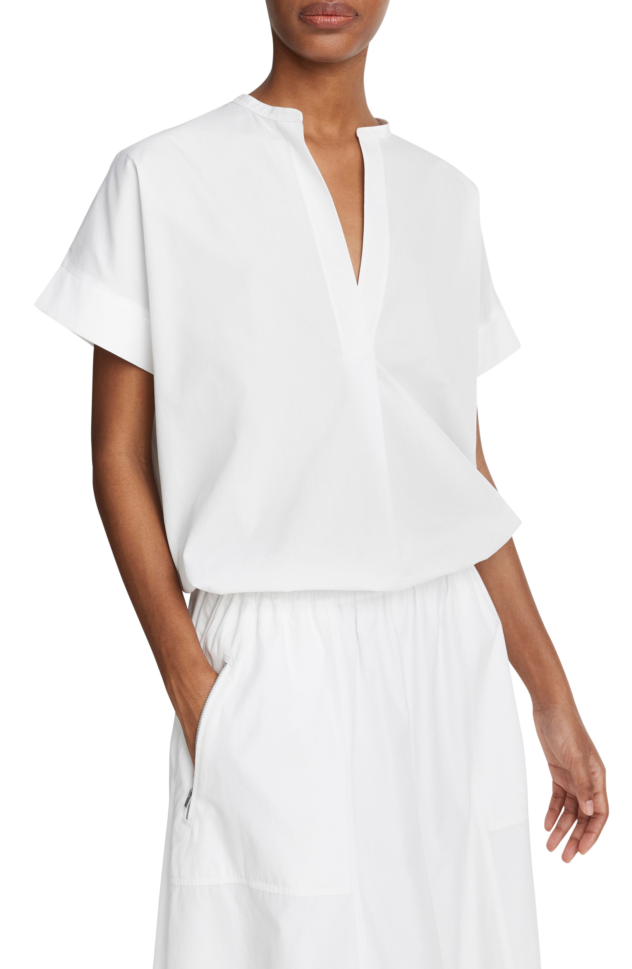 Haut BCBG Max Azria - Manches Dolman, Bas Plissé - Blanc, Coton/soie - Taille Unique - Neuf Avec Petit Défaut