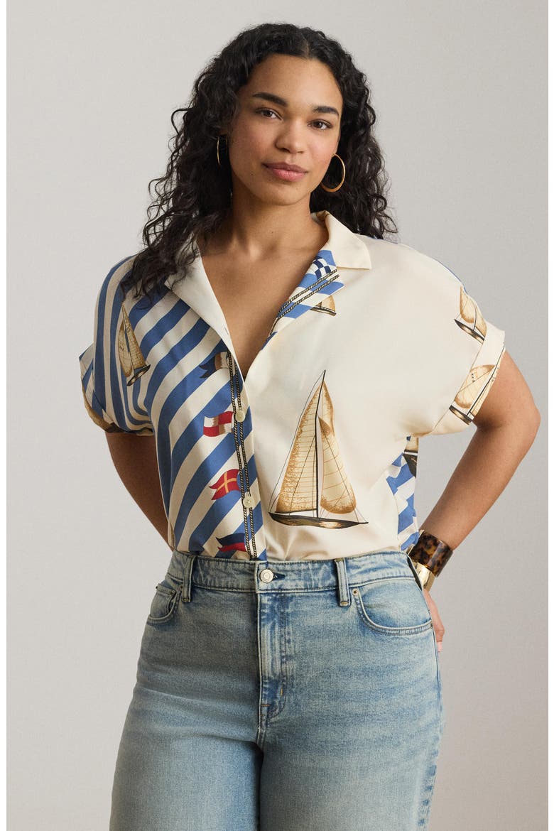 Stripe Sailboat Print Crêpe de Chine Camp Shirt, Alternate, color, CREAM/ MULTI