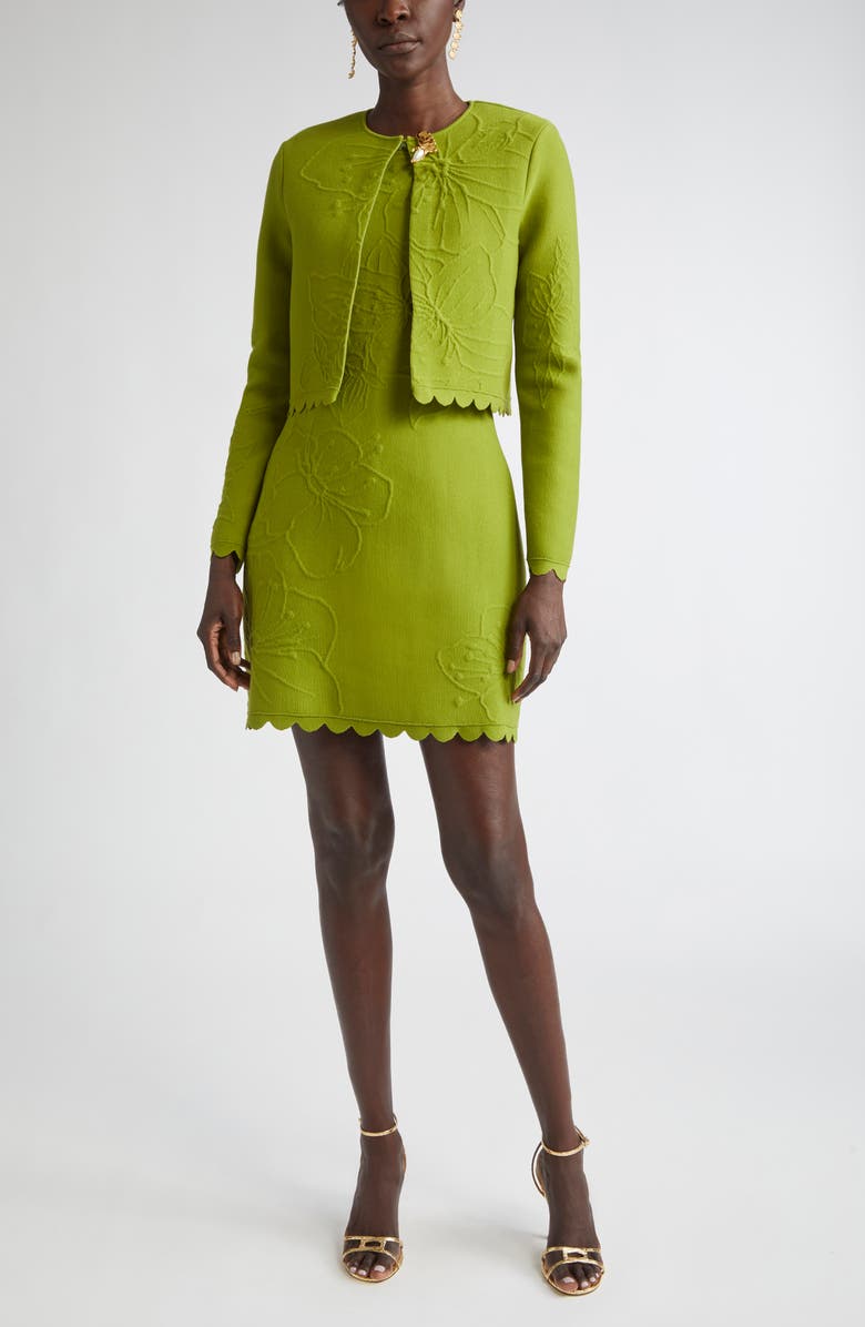 Oscar de la Renta Cherry Blossom Embossed Sleeveless Dress, Alternate, color, Fern