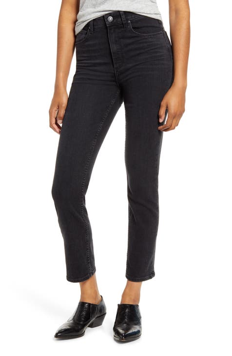 Sarah High Waist Slim Straight Leg Jeans (Black Willow)