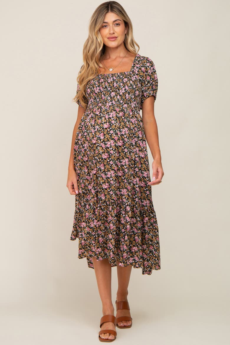 Floral Smocked Puff Sleeve Midi Dress, Alternate, color, Pink
