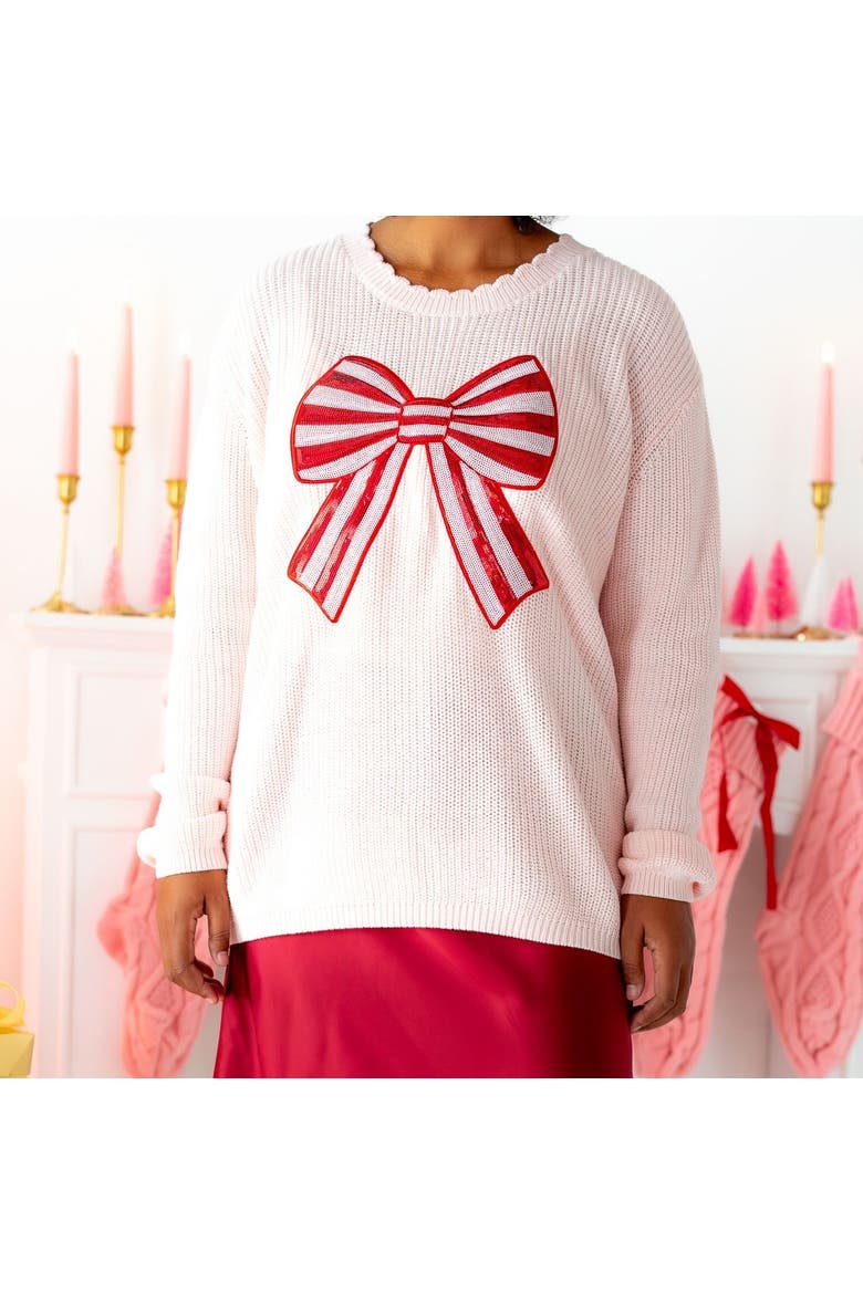 Candy Cane Sequin Bow Patch Christmas Women's Sweater, Alternate, color, Ballet
