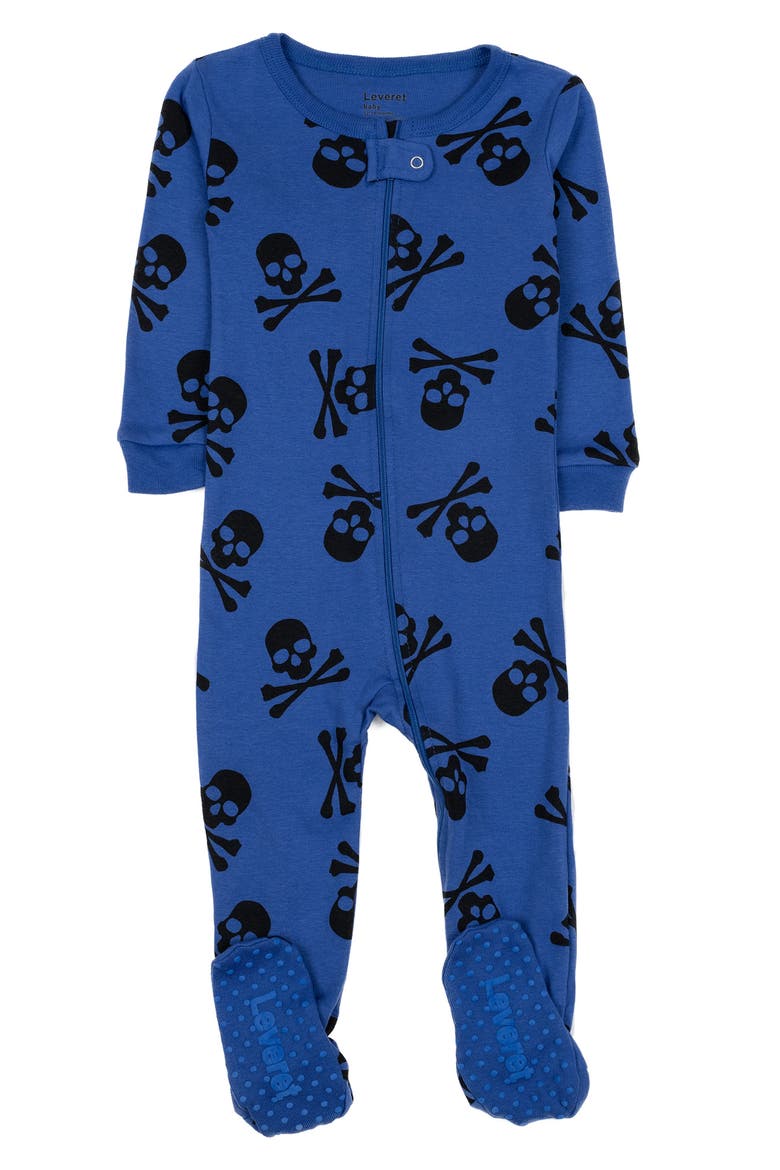 Skull Print Cotton Footed Pajamas, Main, color, BLUE