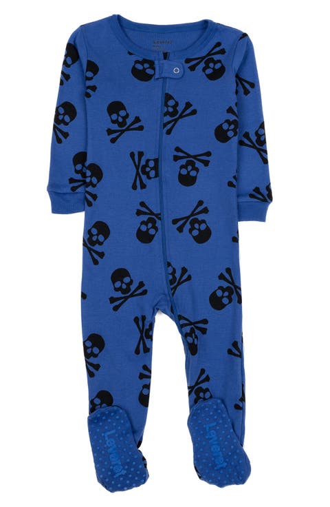 LEVERET Skull Print Cotton Footed Pajamas