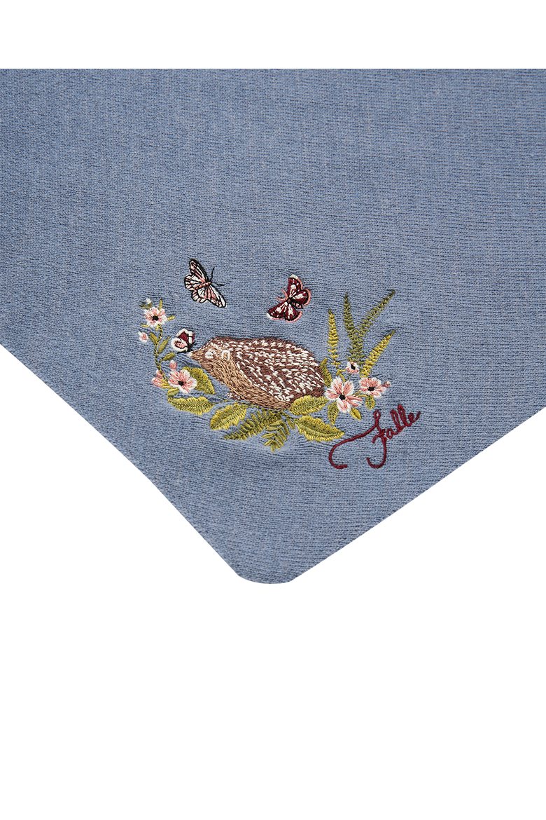 Hedgehog Embroidered Knitted Triangle Scarf, Alternate, color, Blue