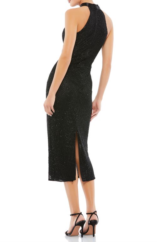 Mac Duggal Beaded High Neck Halter Midi Dress Sleeveless In Black In Black